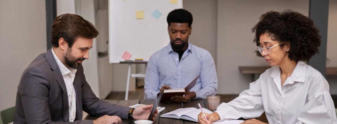 Executivos em reunião estratégica discutindo a gestão de mudança e o alinhamento da cultura organizacional para acelerar resultados.